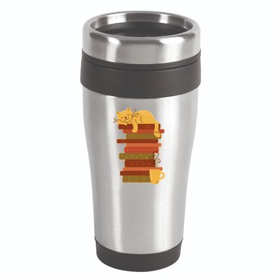 Cute Sleepy Cat On Book Stack And Coffee Tea 16oz Travel Tumbler