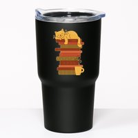 Cute Sleepy Cat On Book Stack And Coffee Tea Tumbler