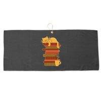 Cute Sleepy Cat On Book Stack And Coffee Tea Large Microfiber Waffle Golf Towel