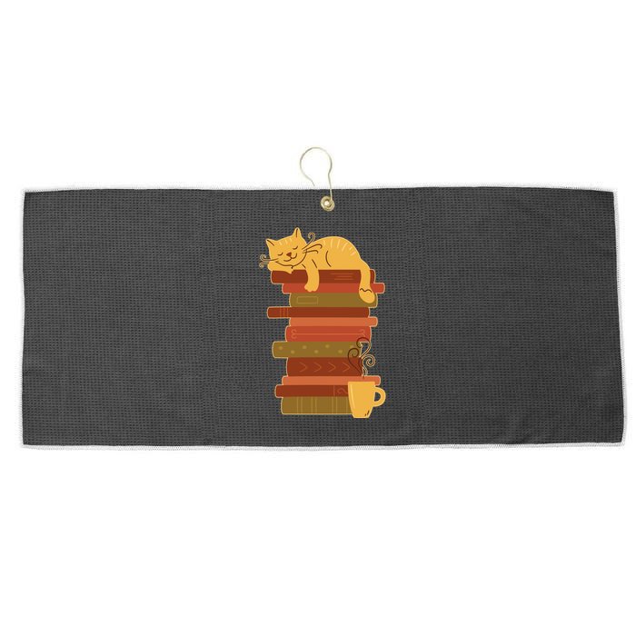 Cute Sleepy Cat On Book Stack And Coffee Tea Large Microfiber Waffle Golf Towel