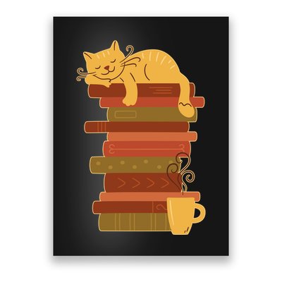 Cute Sleepy Cat On Book Stack And Coffee Tea Poster