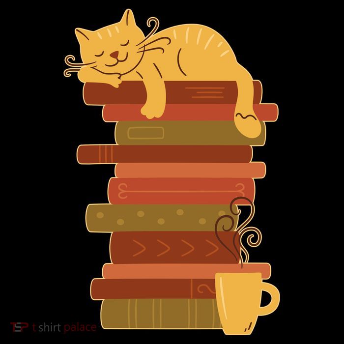 Cute Sleepy Cat On Book Stack And Coffee Tea Poster