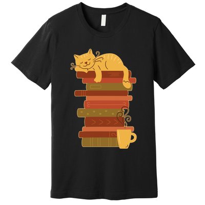 Cute Sleepy Cat On Book Stack And Coffee Tea Premium T-Shirt