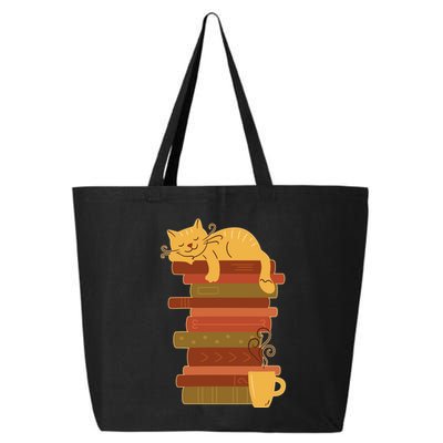Cute Sleepy Cat On Book Stack And Coffee Tea 25L Jumbo Tote
