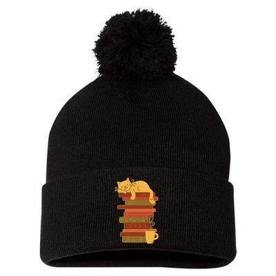 Cute Sleepy Cat On Book Stack And Coffee Tea Pom Pom 12in Knit Beanie