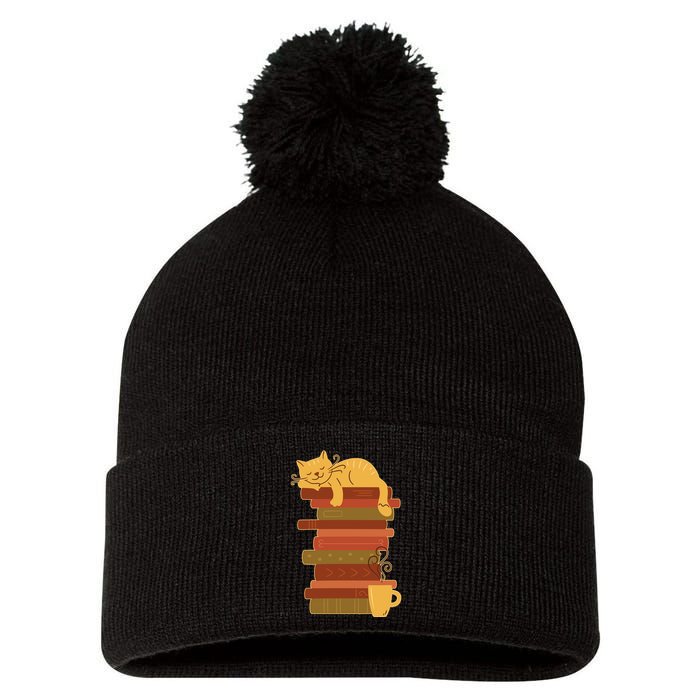 Cute Sleepy Cat On Book Stack And Coffee Tea Pom Pom 12in Knit Beanie