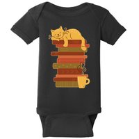Cute Sleepy Cat On Book Stack And Coffee Tea Baby Bodysuit