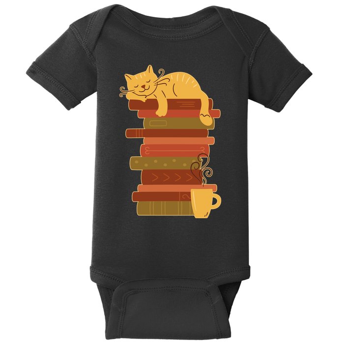 Cute Sleepy Cat On Book Stack And Coffee Tea Baby Bodysuit