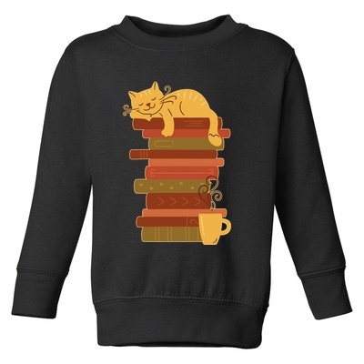 Cute Sleepy Cat On Book Stack And Coffee Tea Toddler Sweatshirt
