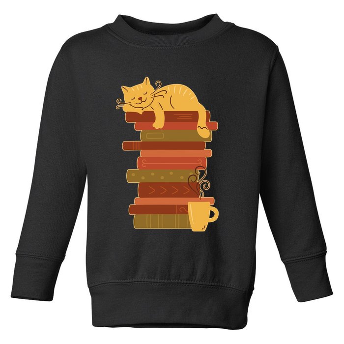 Cute Sleepy Cat On Book Stack And Coffee Tea Toddler Sweatshirt