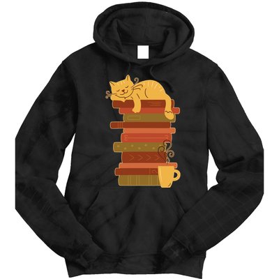 Cute Sleepy Cat On Book Stack And Coffee Tea Tie Dye Hoodie