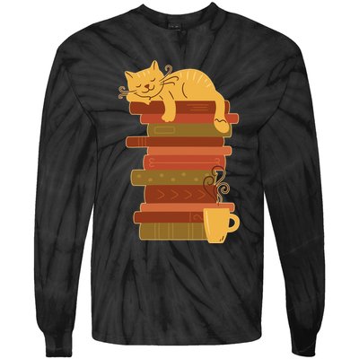 Cute Sleepy Cat On Book Stack And Coffee Tea Tie-Dye Long Sleeve Shirt