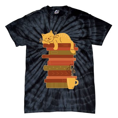 Cute Sleepy Cat On Book Stack And Coffee Tea Tie-Dye T-Shirt