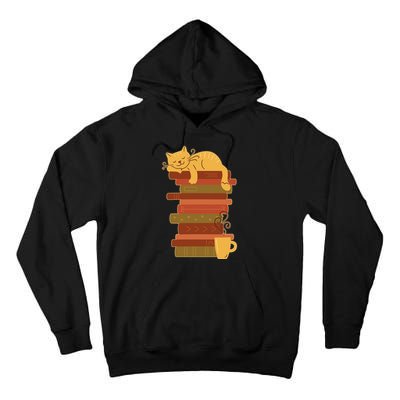 Cute Sleepy Cat On Book Stack And Coffee Tea Tall Hoodie