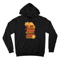 Cute Sleepy Cat On Book Stack And Coffee Tea Tall Hoodie