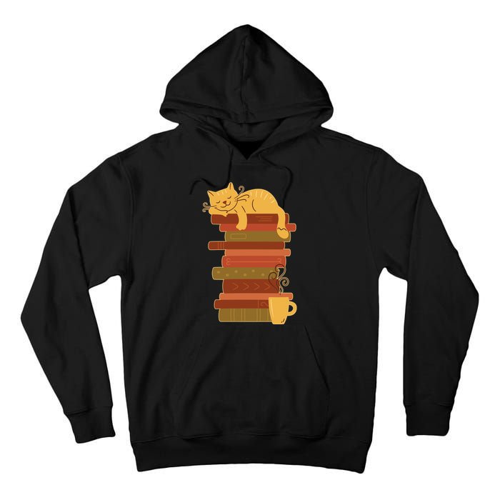 Cute Sleepy Cat On Book Stack And Coffee Tea Tall Hoodie