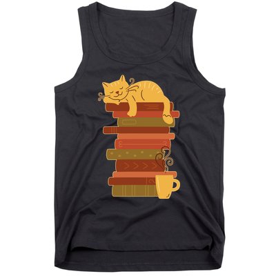 Cute Sleepy Cat On Book Stack And Coffee Tea Tank Top