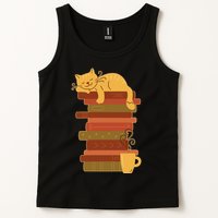 Cute Sleepy Cat On Book Stack And Coffee Tea Tank Top