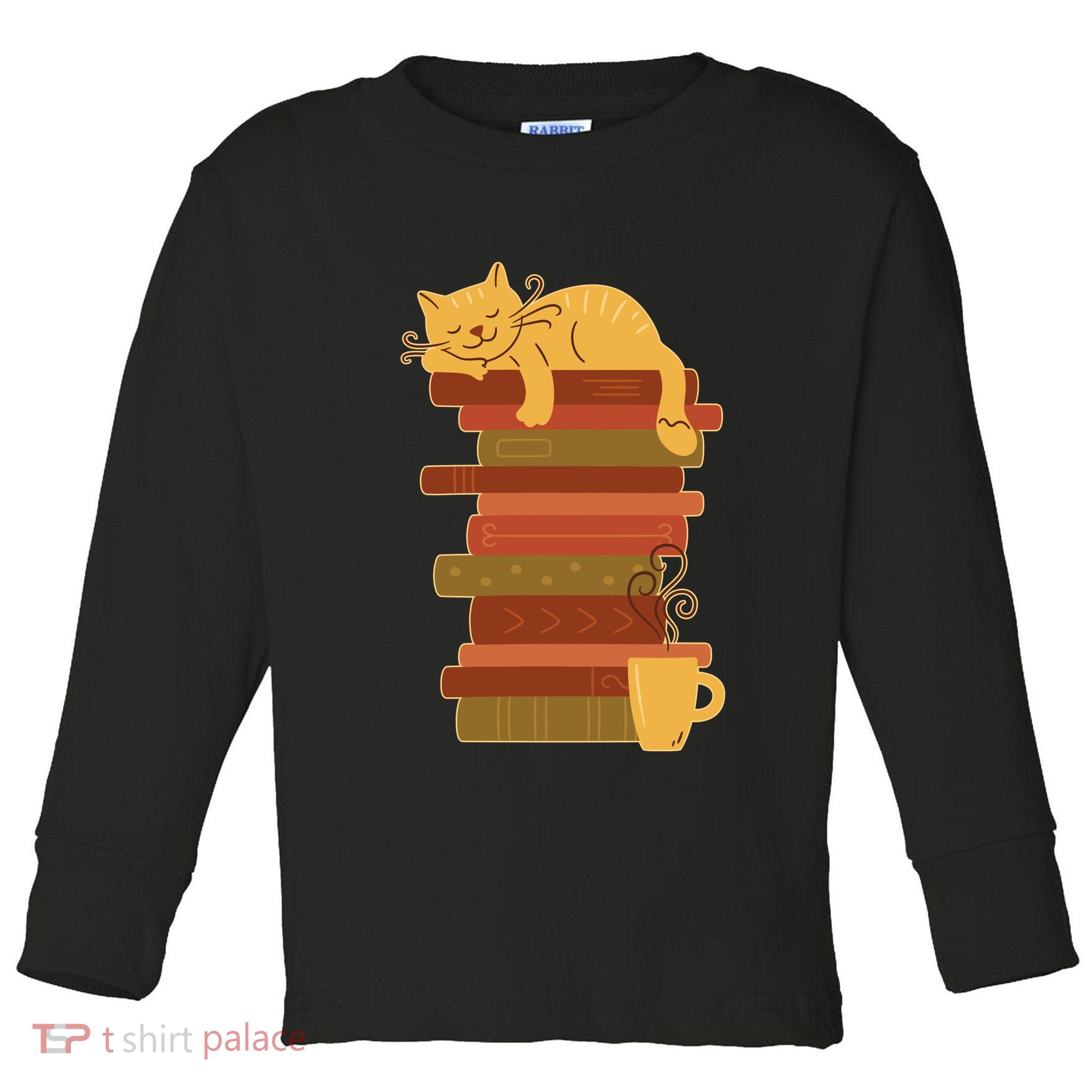 Cute Sleepy Cat On Book Stack And Coffee Tea Toddler Long Sleeve Shirt