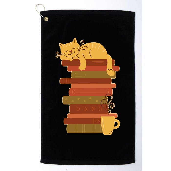 Cute Sleepy Cat On Book Stack And Coffee Tea Golf Towel