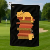 Cute Sleepy Cat On Book Stack And Coffee Tea Golf Towel