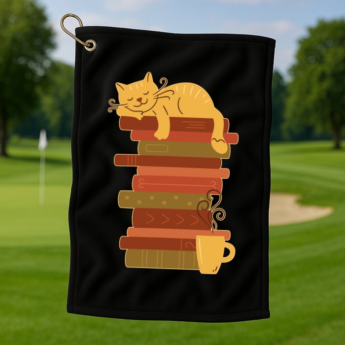 Cute Sleepy Cat On Book Stack And Coffee Tea Golf Towel