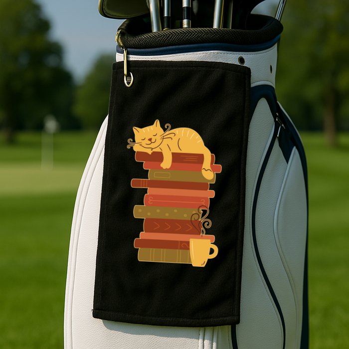 Cute Sleepy Cat On Book Stack And Coffee Tea Golf Towel