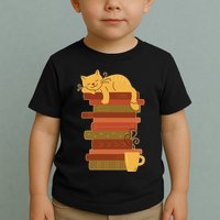 Cute Sleepy Cat On Book Stack And Coffee Tea Toddler T-Shirt