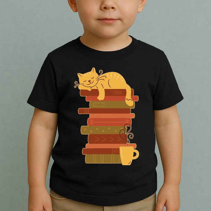 Cute Sleepy Cat On Book Stack And Coffee Tea Toddler T-Shirt
