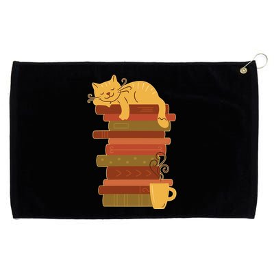 Cute Sleepy Cat On Book Stack And Coffee Tea Grommeted Golf Towel