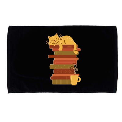 Cute Sleepy Cat On Book Stack And Coffee Tea Microfiber Hand Towel