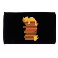 Cute Sleepy Cat On Book Stack And Coffee Tea Microfiber Hand Towel