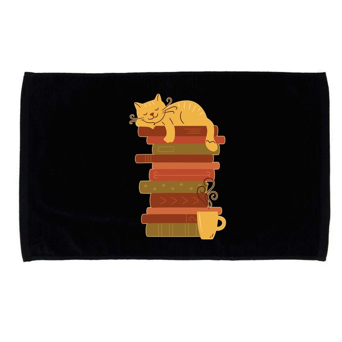 Cute Sleepy Cat On Book Stack And Coffee Tea Microfiber Hand Towel