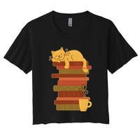 Cute Sleepy Cat On Book Stack And Coffee Tea Crop Top