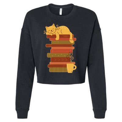 Cute Sleepy Cat On Book Stack And Coffee Tea Cropped Pullover Crew
