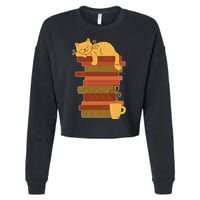 Cute Sleepy Cat On Book Stack And Coffee Tea Cropped Pullover Crew