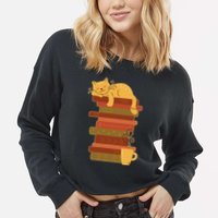 Cute Sleepy Cat On Book Stack And Coffee Tea Cropped Pullover Crew