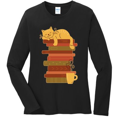 Cute Sleepy Cat On Book Stack And Coffee Tea Ladies Long Sleeve Shirt