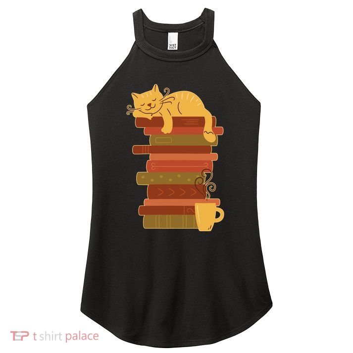 Cute Sleepy Cat On Book Stack And Coffee Tea Women's Perfect Tri Rocker Tank