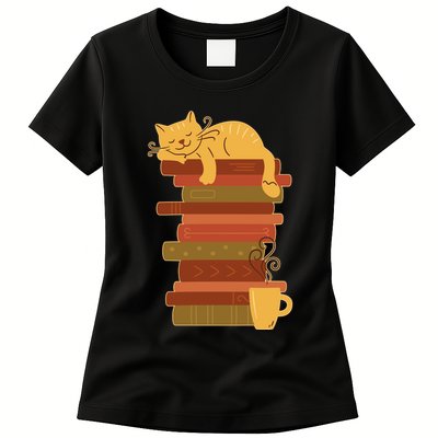 Cute Sleepy Cat On Book Stack And Coffee Tea Womens T-Shirt