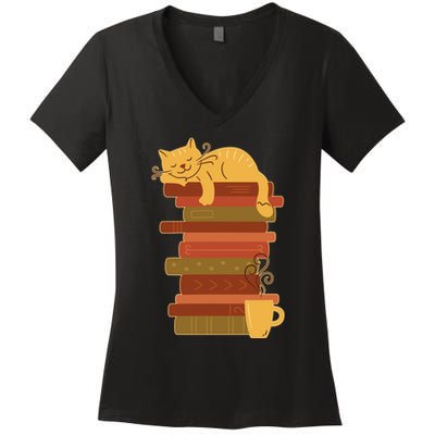 Cute Sleepy Cat On Book Stack And Coffee Tea Women's V-Neck T-Shirt