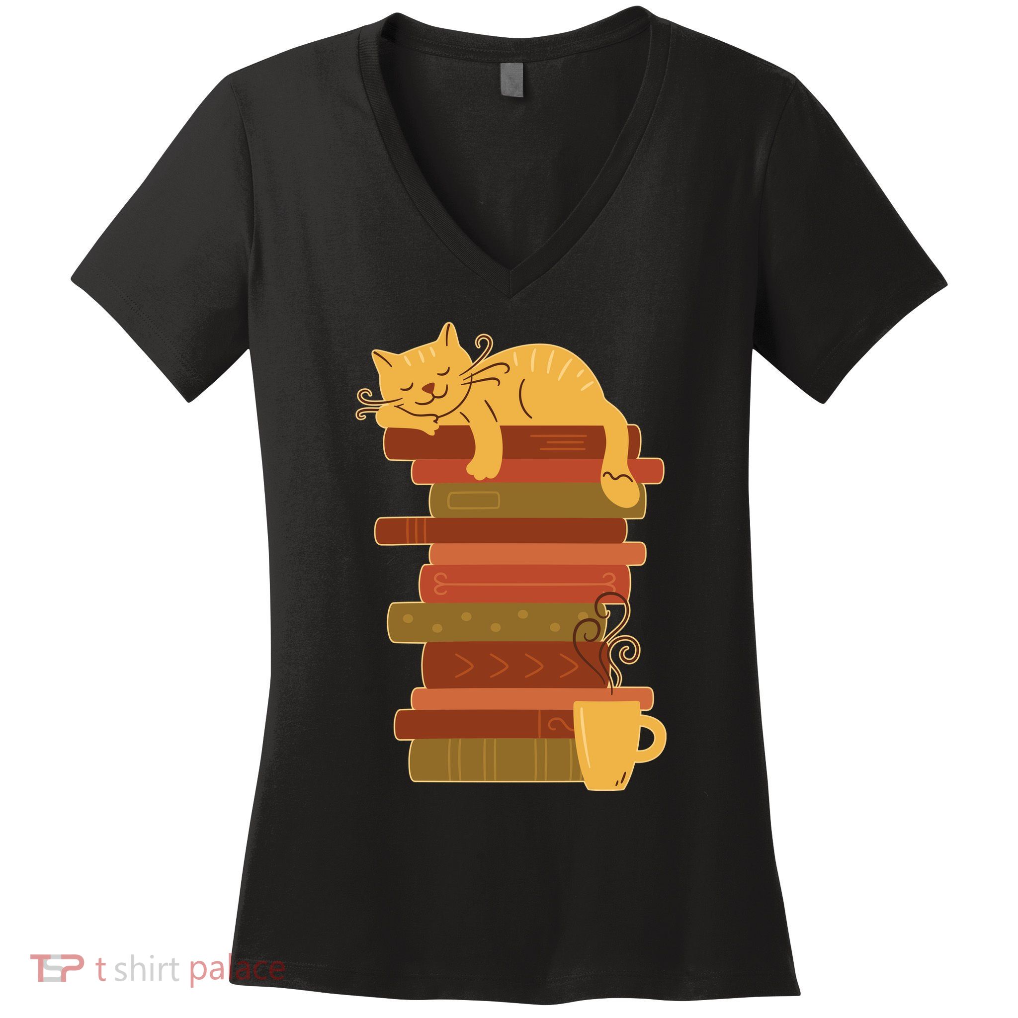 Cute Sleepy Cat On Book Stack And Coffee Tea Women's V-Neck T-Shirt