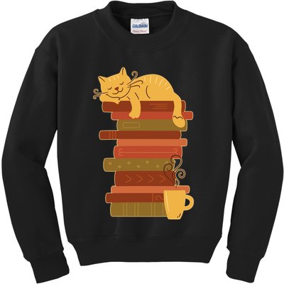 Cute Sleepy Cat On Book Stack And Coffee Tea Kids Sweatshirt