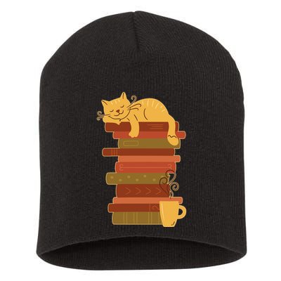 Cute Sleepy Cat On Book Stack And Coffee Tea Short Acrylic Beanie