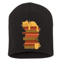 Cute Sleepy Cat On Book Stack And Coffee Tea Short Acrylic Beanie