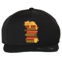 Cute Sleepy Cat On Book Stack And Coffee Tea Wool Snapback Cap