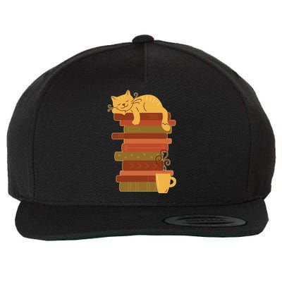 Cute Sleepy Cat On Book Stack And Coffee Tea Wool Snapback Cap