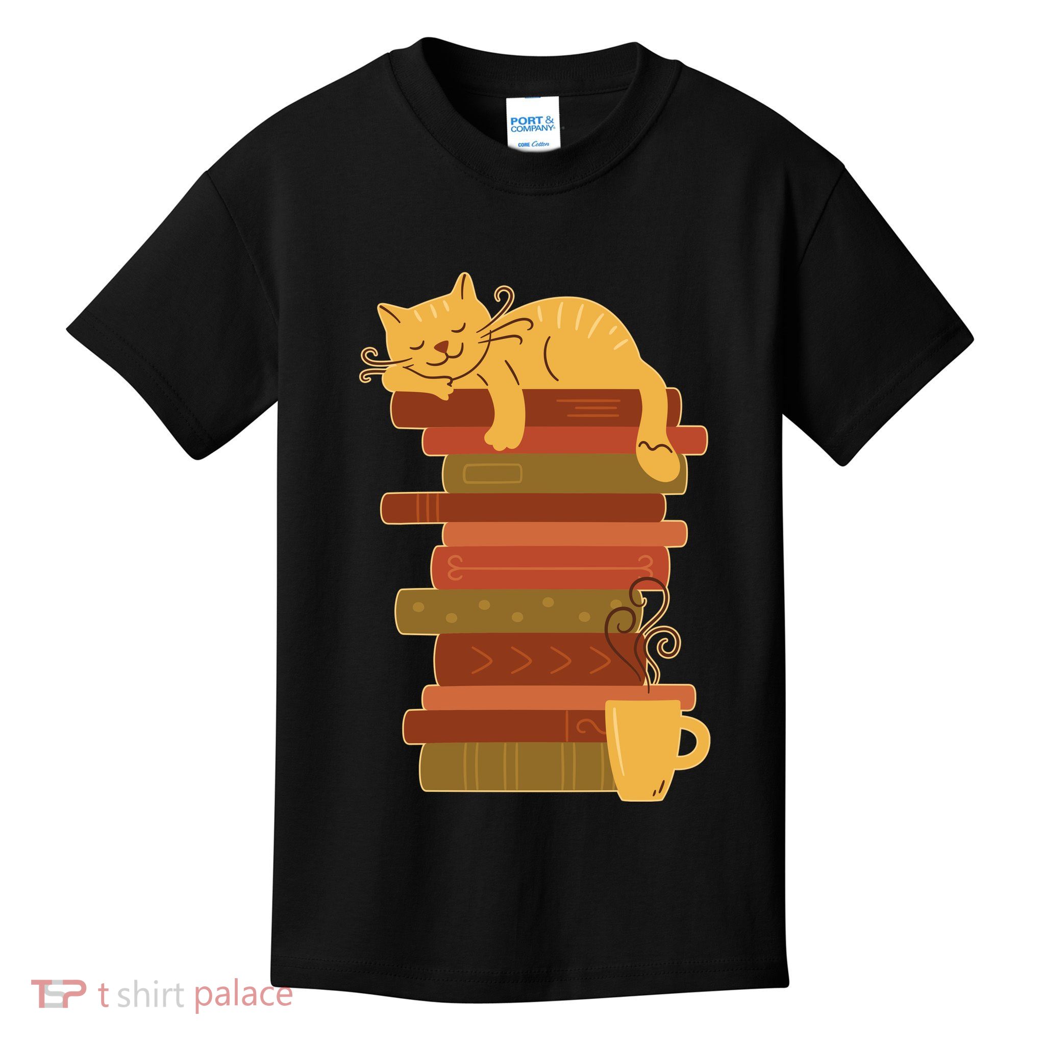 Cute Sleepy Cat On Book Stack And Coffee Tea Kids T-Shirt