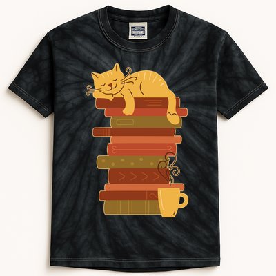 Cute Sleepy Cat On Book Stack And Coffee Tea Kids Tie-Dye T-Shirt