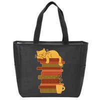 Cute Sleepy Cat On Book Stack And Coffee Tea Zip Tote Bag
